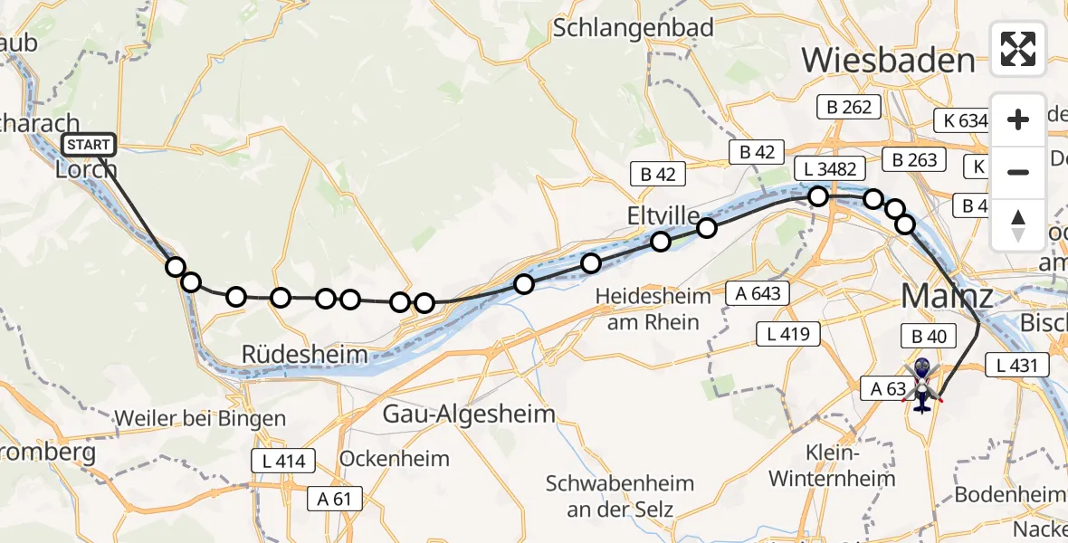 Flugroute Polizeihubschrauber Lorch (Rhein) - Mainz, 16 Februar 2026, 09:07