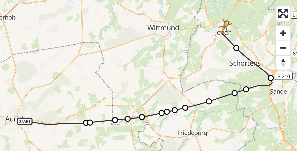 Flugroute Rettungshubschrauber Aurich - Jever, 16 Februar 2026, 09:19