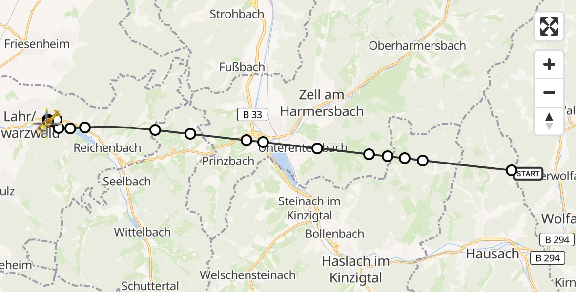Routekaart van de vlucht: Rettungshubschrauber nach Ortenau Hospital Lahr-Ettenheim Heliport