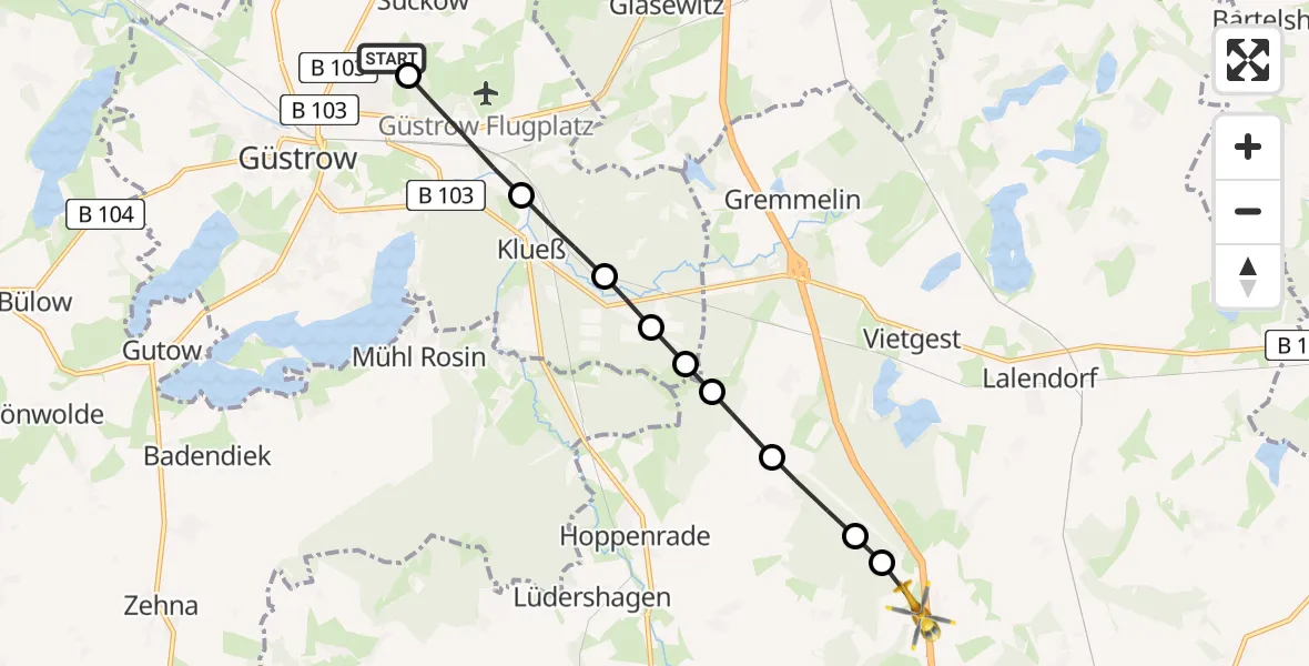 Flugroute Rettungshubschrauber Suckow - Lalendorf, 16 Februar 2026, 09:24