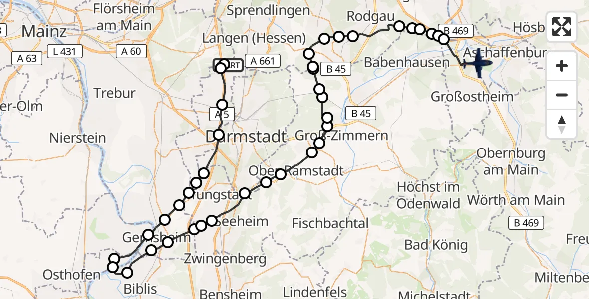 Flugroute Polizeiflugzeug Erzhausen - Stockstadt am Main, 16 Februar 2026, 09:41