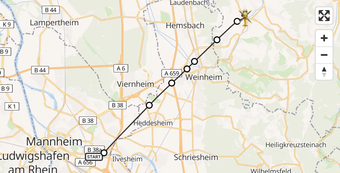 Flugroute Rettungshubschrauber Mannheim-City Airport - Mörlenbach-Mitte, 16 Februar 2026, 09:45