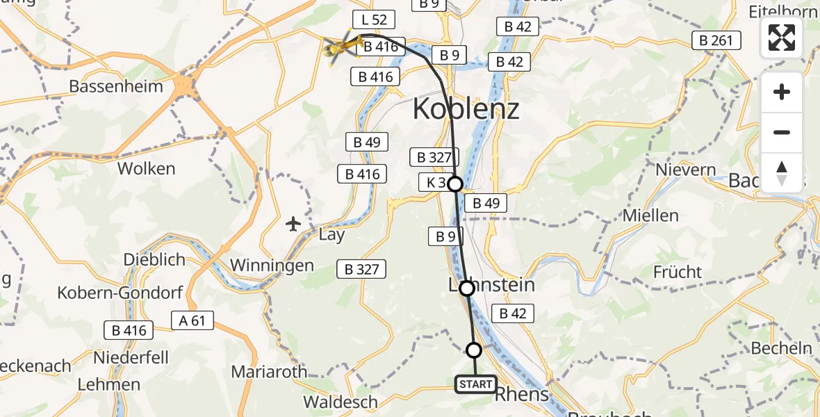 Flugroute Rettungshubschrauber Rhens - Koblenz, 16 Februar 2026, 09:49