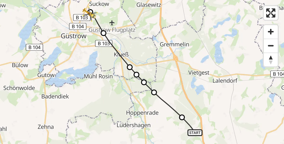 Flugroute Rettungshubschrauber Lalendorf - Suckow, 16 Februar 2026, 09:53
