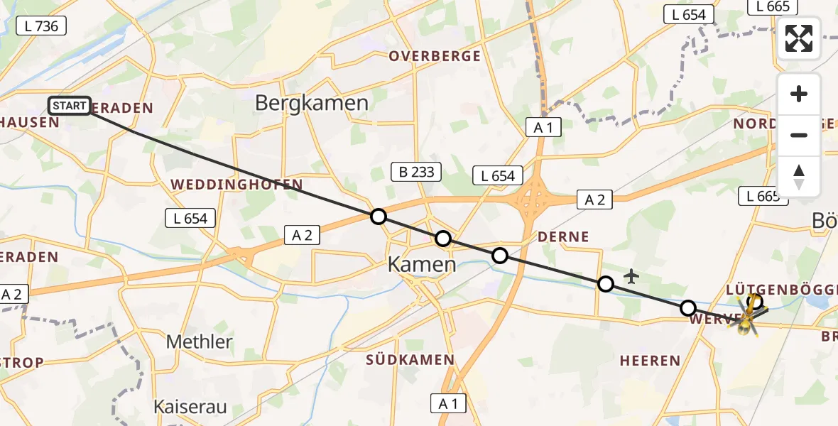 Flugroute Rettungshubschrauber Bergkamen - Kamen, 16 Februar 2026, 09:56