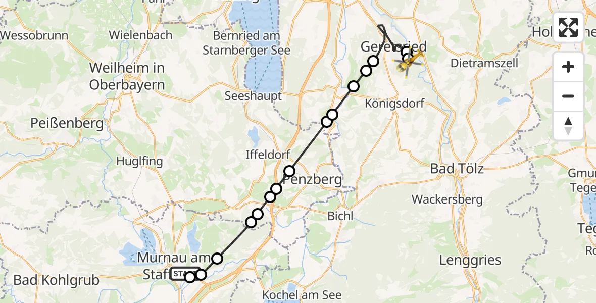 Flugroute Rettungshubschrauber Murnau Accident Hospital Heliport - Geretsried, 16 Februar 2026, 09:58