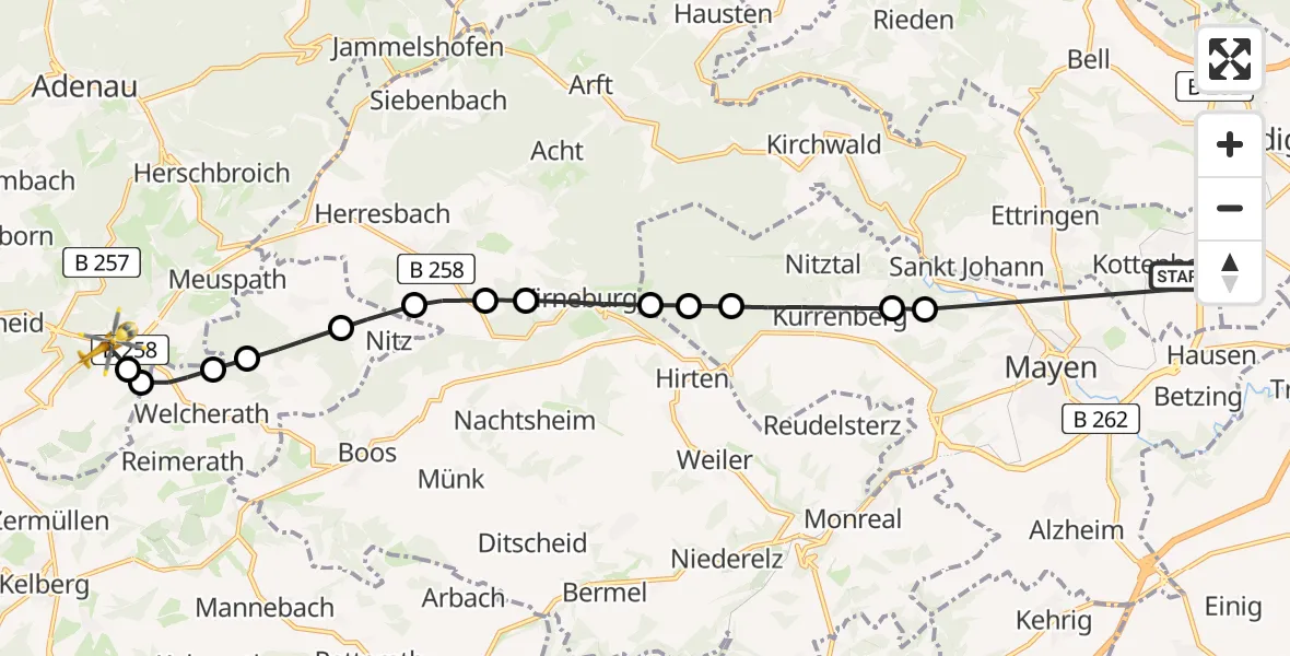 Flugroute Ambulanzhubschrauber Kottenheim - Nürburgring Heliport, 16 Februar 2026, 10:13