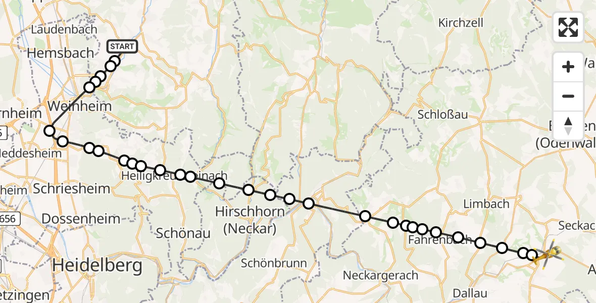 Flugroute Rettungshubschrauber Mörlenbach-Mitte - Oberschefflenz, 16 Februar 2026, 10:15