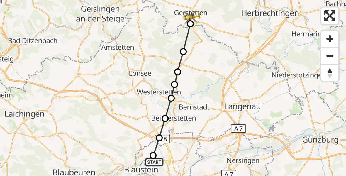 Flugroute Rettungshubschrauber ADAC Air Rescue Station Ulm (Christoph 22) - Gerstetten, 16 Februar 2026, 10:20