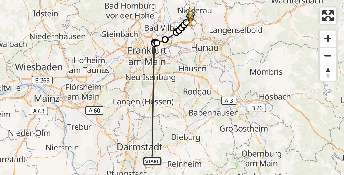 Flugroute Rettungshubschrauber Traisa - Kilianstädten, 16 Februar 2026, 10:20