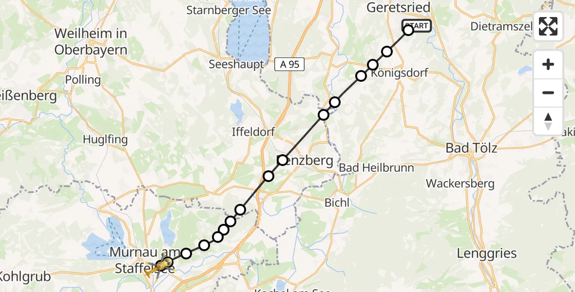 Flugroute Rettungshubschrauber Geretsried - Murnau Accident Hospital Heliport, 16 Februar 2026, 10:33