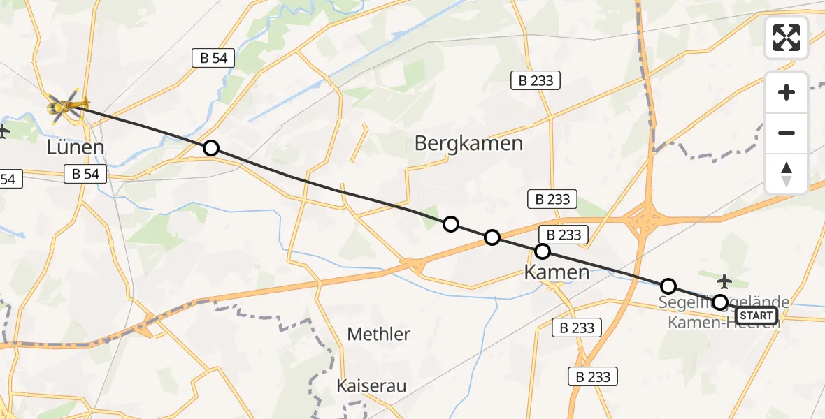 Flugroute Rettungshubschrauber Kamen - Sankt Marien Hospital Heliport, 16 Februar 2026, 10:39