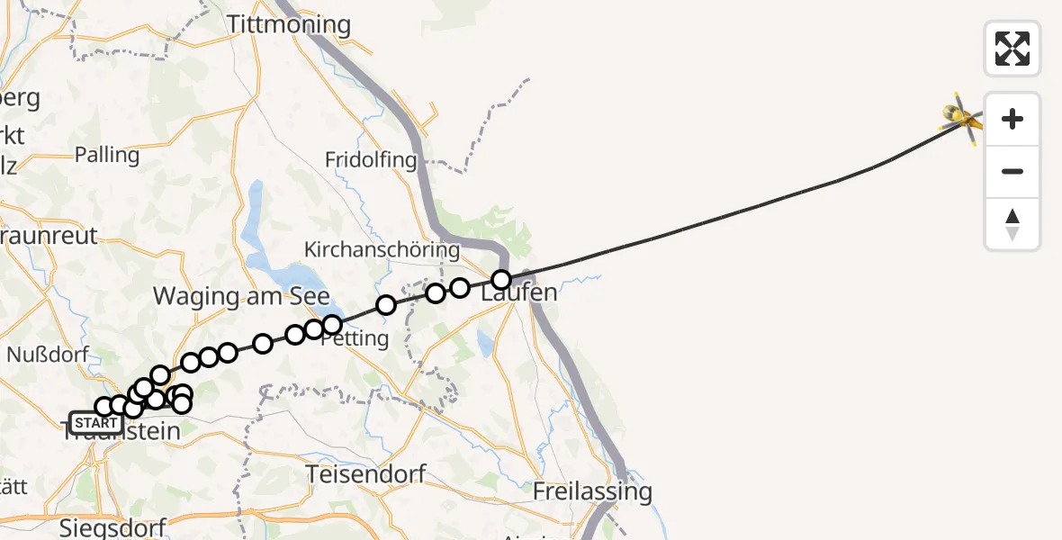 Flugroute Rettungshubschrauber Traunstein Hospital Helipad - Laufen, 16 Februar 2026, 10:44