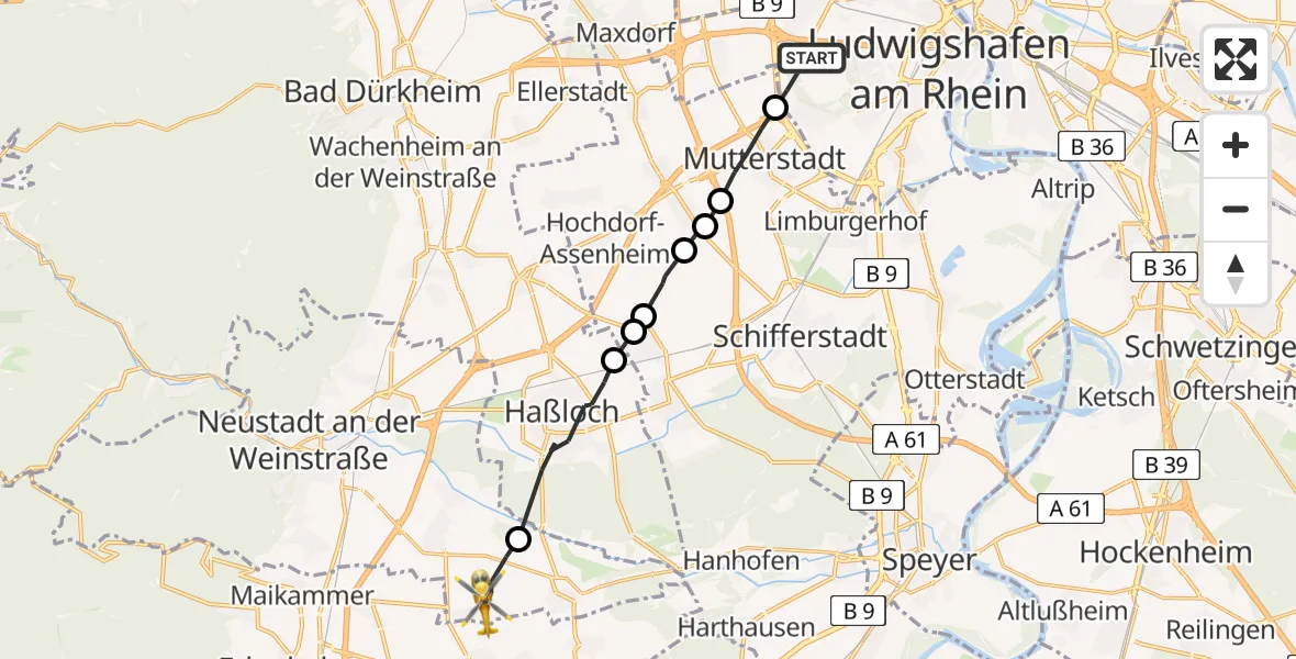 Flugroute Rettungshubschrauber Ludwigshafen am Rhein - Neustadt an der Weinstraße, 16 Februar 2026, 10:48