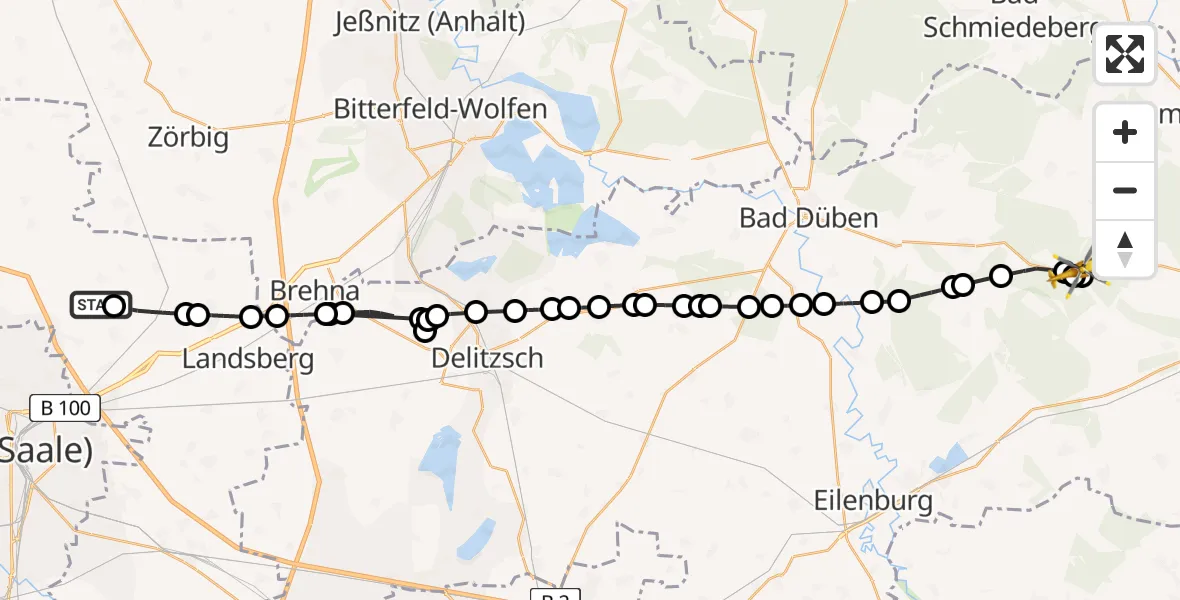 Flugroute Ambulanzhubschrauber Halle-Oppin Airfield - Trossin, 16 Februar 2026, 10:48