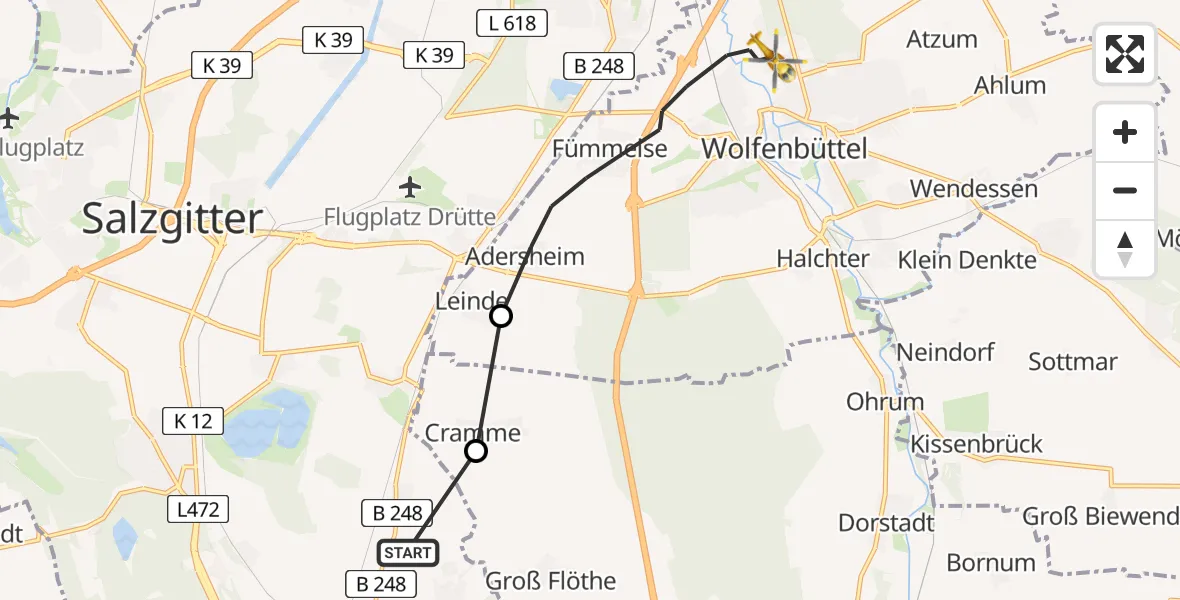 Flugroute Rettungshubschrauber Ortschaft Südost - Wolfenbüttel Municipal Hospital Heliport (Christoph 30), 16 Februar 2026, 10:57
