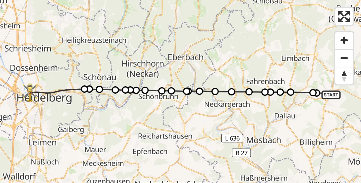 Flugroute Rettungshubschrauber Oberschefflenz - Heidelberg, 16 Februar 2026, 10:58