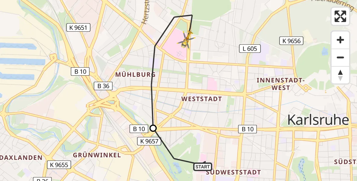 Routekaart van de vlucht: Rettungshubschrauber nach Karlsruhe, Franz-Lust-Straße