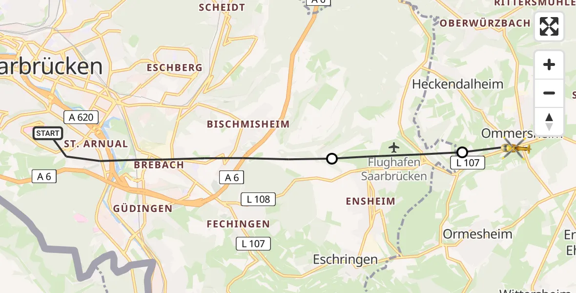 Flugroute Rettungshubschrauber Saarbrücken - Ommersheim, 16 Februar 2026, 10:59