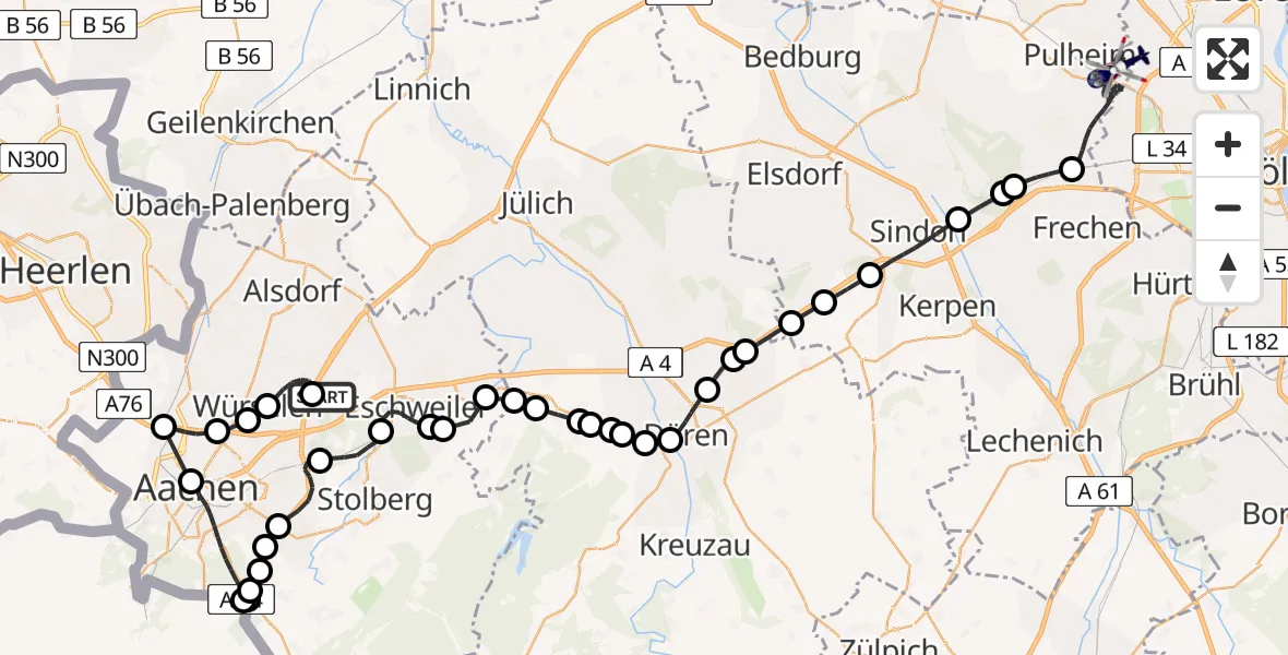 Flugroute Polizeihubschrauber Aachen-Merzbrück Airport - Pulheim, 16 Februar 2026, 11:23
