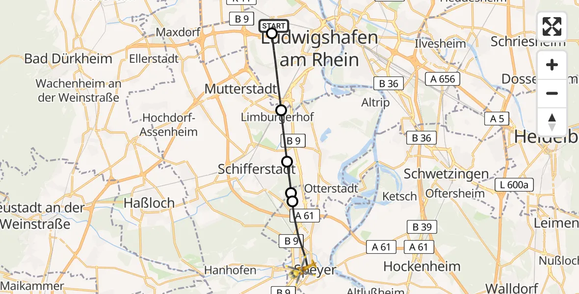 Flugroute Rettungshubschrauber Ludwigshafen Accident Hospital Heliport - Speyer, 16 Februar 2026, 11:23