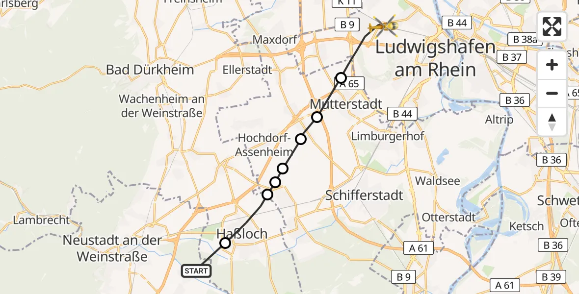 Flugroute Rettungshubschrauber Neustadt an der Weinstraße - Ludwigshafen Accident Hospital Heliport, 16 Februar 2026, 11:33