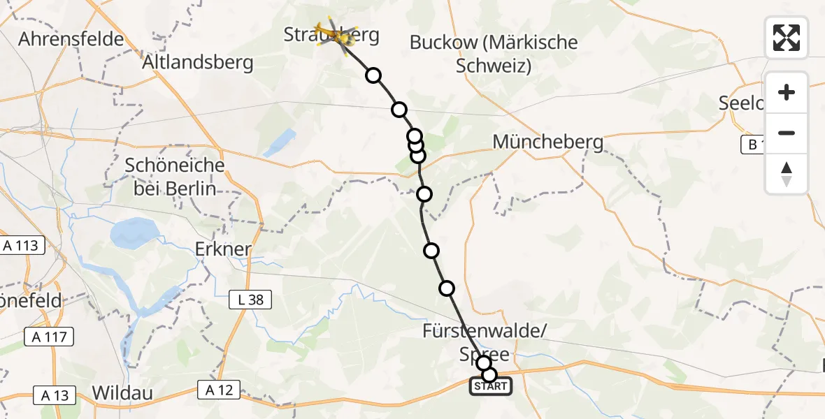 Flugroute Rettungshubschrauber Bad Saarow - Strausberg, 16 Februar 2026, 11:33