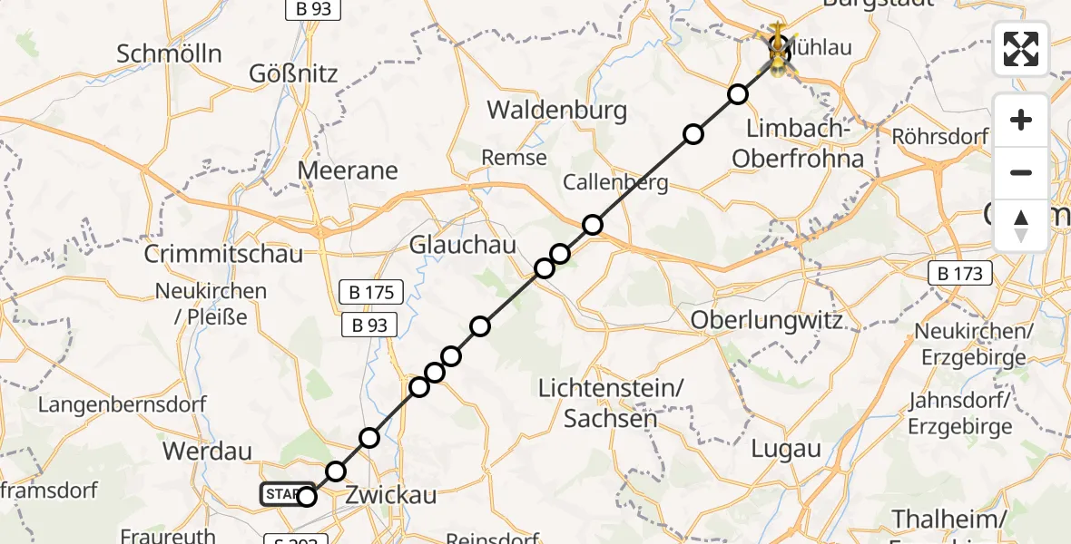 Flugroute Rettungshubschrauber ADAC Air Rescue Station Zwickau Heliport - Niederfrohna, 16 Februar 2026, 11:38