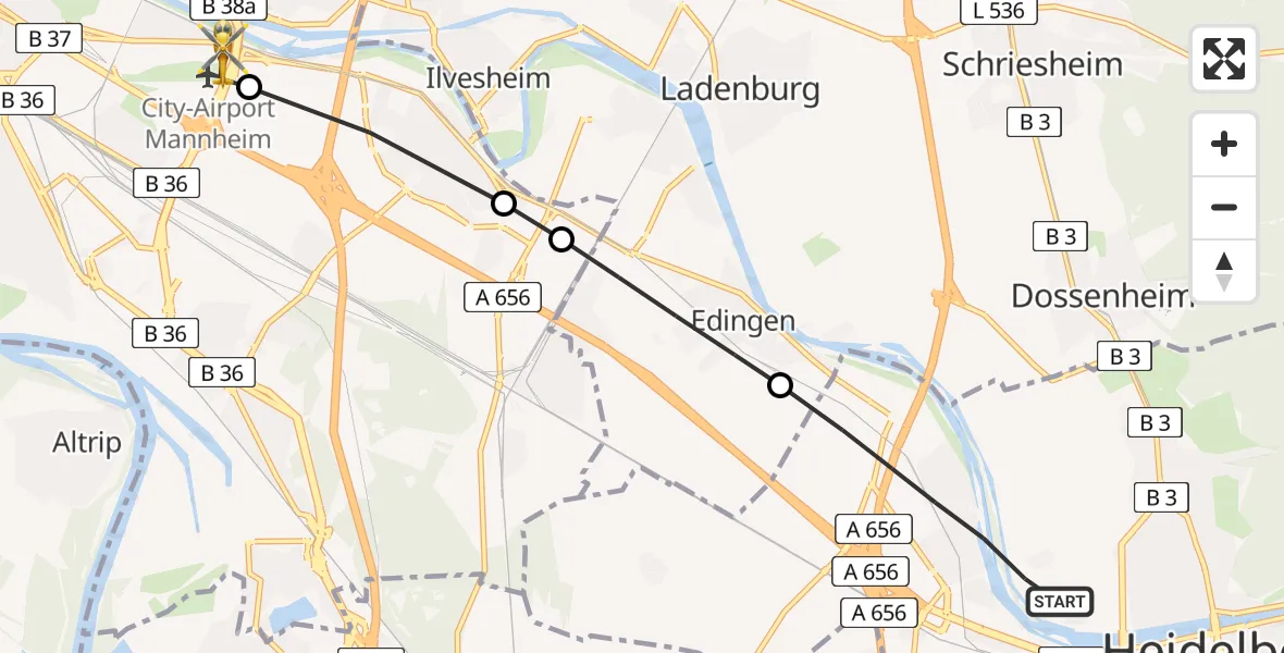 Routekaart van de vlucht: Rettungshubschrauber nach Mannheim-City Airport