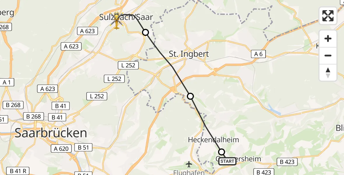 Flugroute Rettungshubschrauber Ommersheim - Sulzbach/Saar, 16 Februar 2026, 11:43