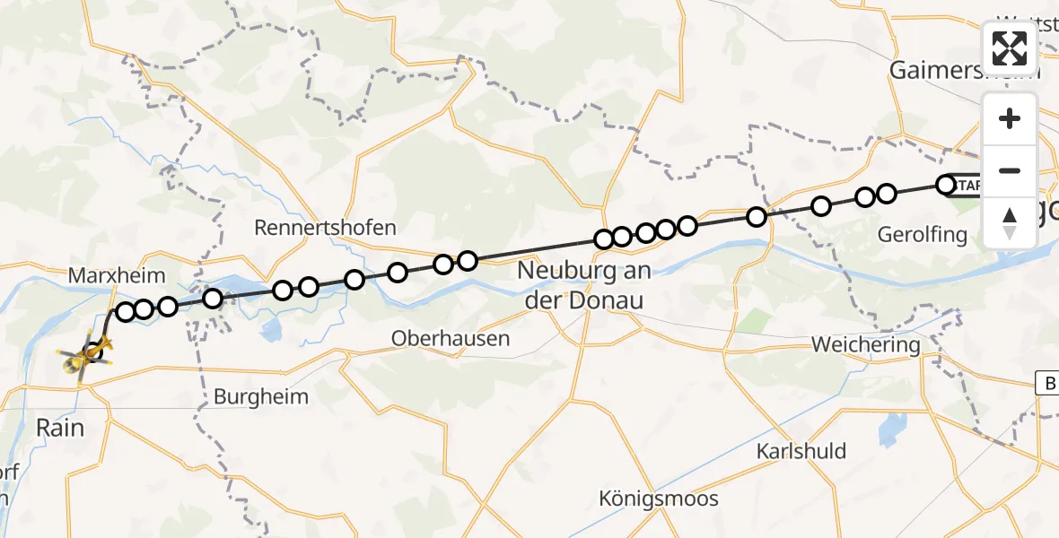 Flugroute Rettungshubschrauber Ingolstadt Hospital Heliport - Mittelstetten, 16 Februar 2026, 11:44