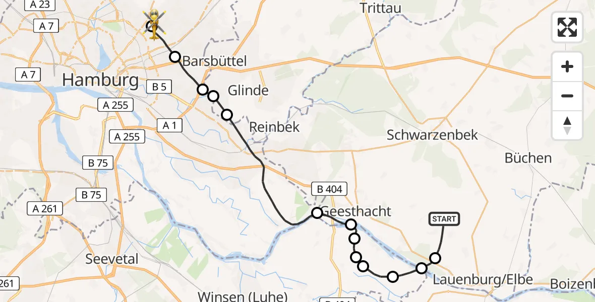 Routekaart van de vlucht: Rettungshubschrauber nach Hamburg Military Hospital Helipad