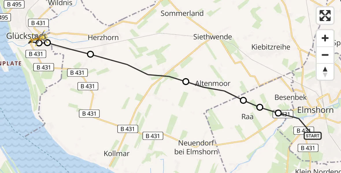 Flugroute Rettungshubschrauber Elmshorn - Glückstadt, 16 Februar 2026, 11:50