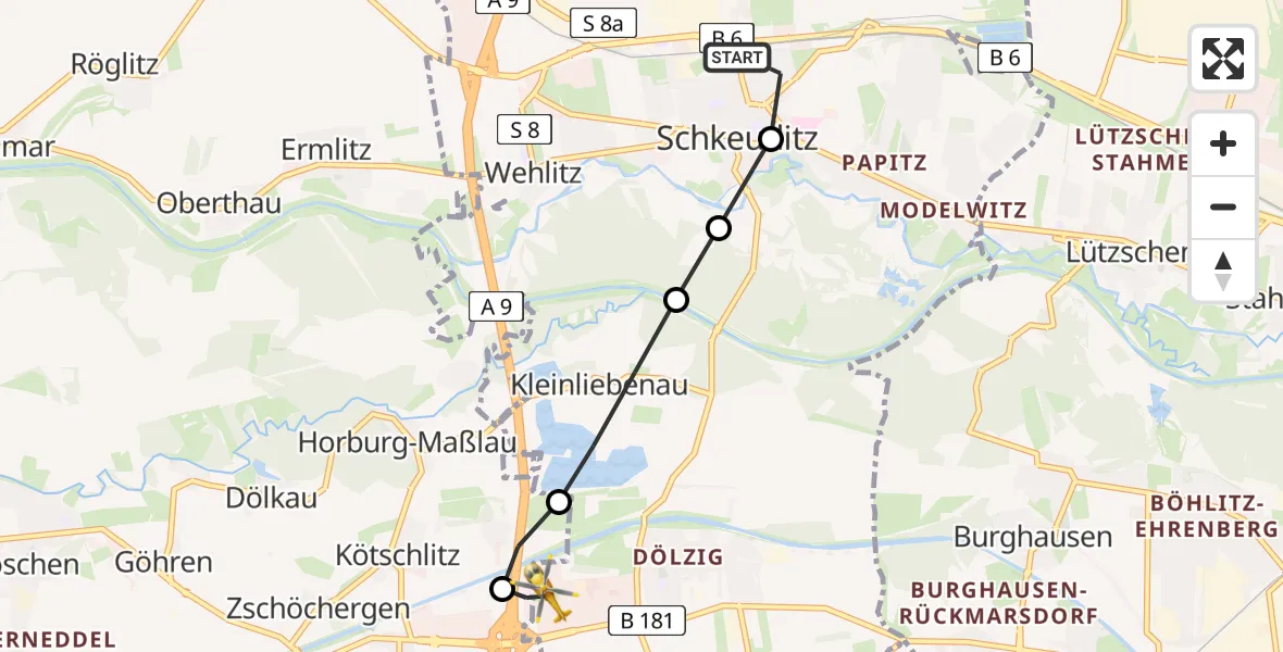 Flugroute Rettungshubschrauber Schkeuditz - ADAC Air Rescue Station Leipzig/Schkeuditz-Dölzig Heliport (Christoph 61), 16 Februar 2026, 12:11