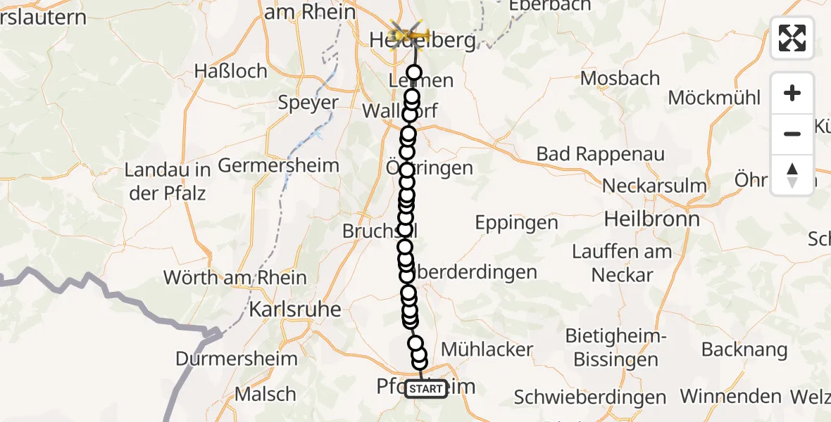 Flugroute Rettungshubschrauber Pforzheim - Heidelberg, 16 Februar 2026, 12:13