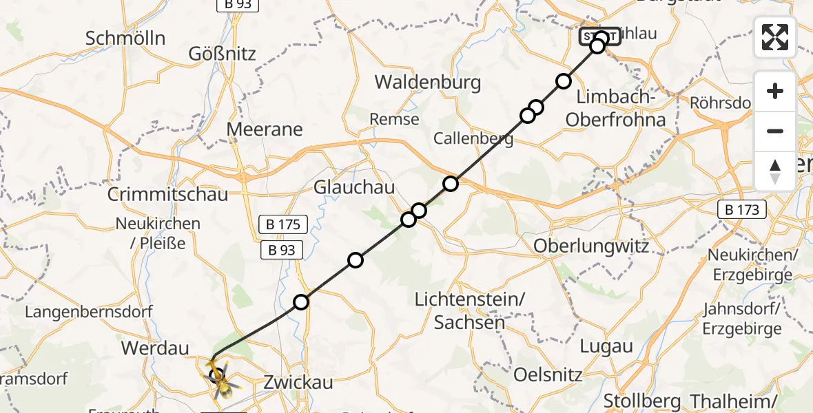 Flugroute Rettungshubschrauber Niederfrohna - ADAC Air Rescue Station Zwickau Heliport, 16 Februar 2026, 12:15