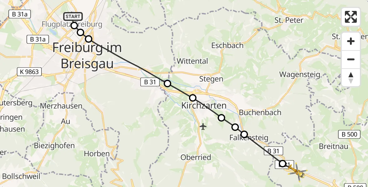 Flugroute Rettungshubschrauber Freiburg im Breisgau Airfield - Breitnau, 16 Februar 2026, 12:19