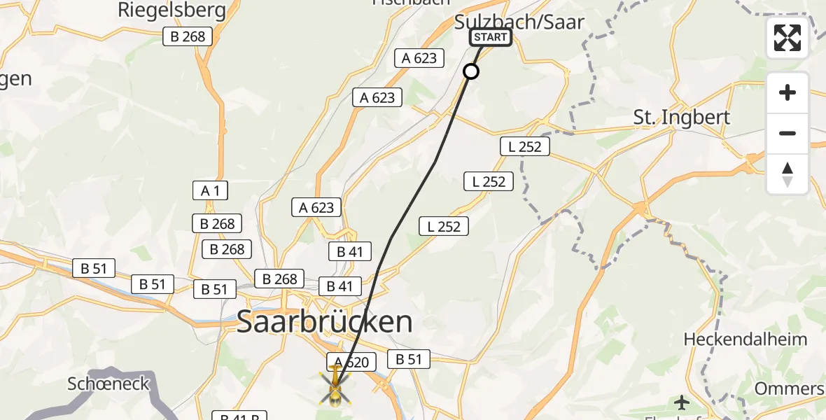 Flugroute Rettungshubschrauber Sulzbach/Saar - Saarbrücken, 16 Februar 2026, 12:20