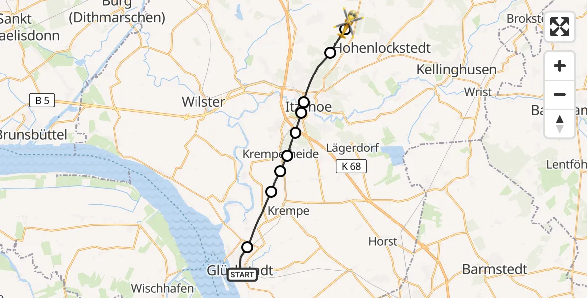 Flugroute Rettungshubschrauber Glückstadt - Hohenlockstedt, 16 Februar 2026, 12:21