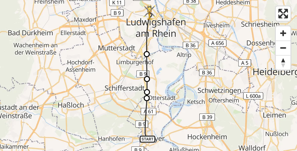 Routekaart van de vlucht: Rettungshubschrauber nach Ludwigshafen am Rhein, Bremserstraße