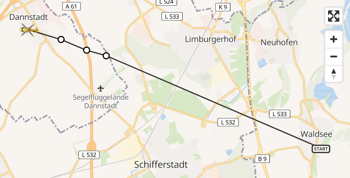 Flugroute Rettungshubschrauber Waldsee - Dannstadt, 16 Februar 2026, 12:27