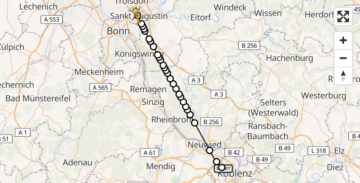 Flugroute Rettungshubschrauber Koblenz - Asklepios Children's Clinic Sankt Augustin Heliport, 16 Februar 2026, 12:34