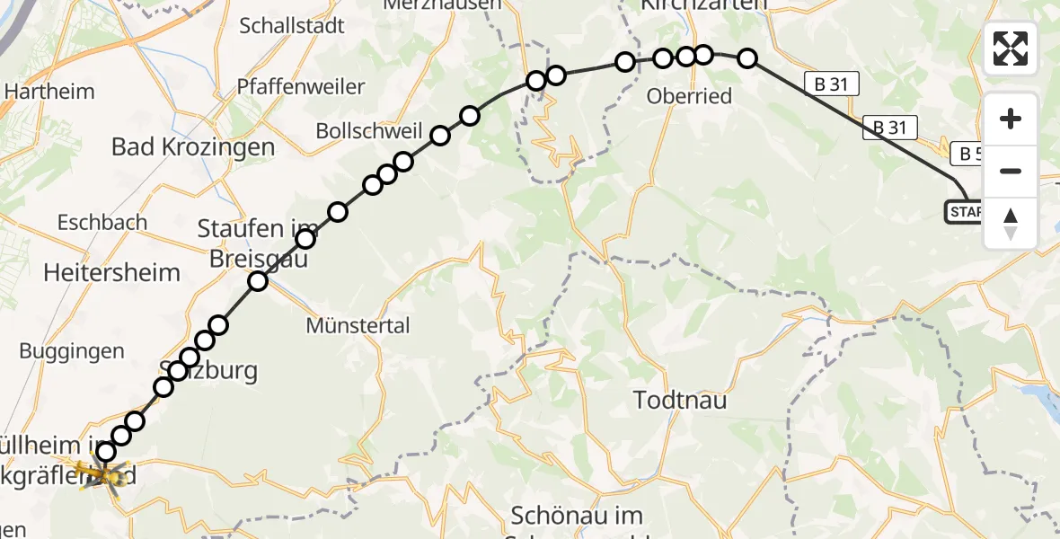Flugroute Rettungshubschrauber Hinterzarten - Niederweiler, 16 Februar 2026, 12:48