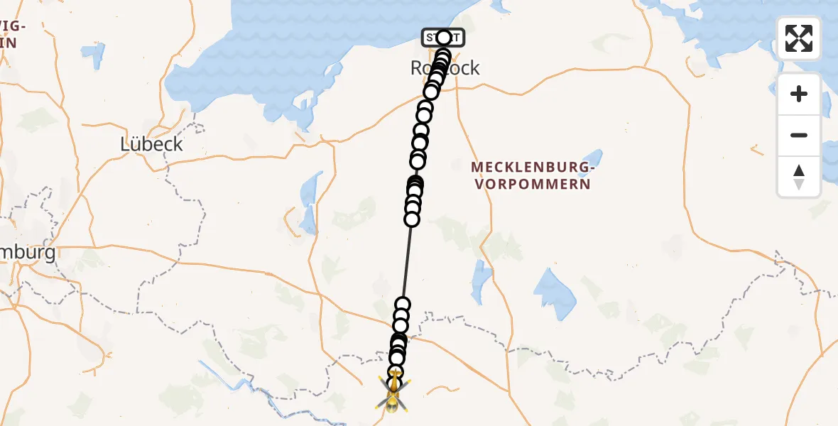 Flugroute Rettungshubschrauber Ortsbeirat 2 : Hinrichshagen, Hohe Düne, Markgrafenheide, Torfbrücke, Wiethagen - Groß Pankow (Prignitz), 16 Februar 2026, 12:49