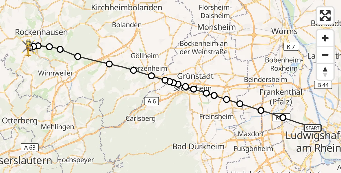 Flugroute Rettungshubschrauber Ludwigshafen am Rhein - Imsweiler UL, 16 Februar 2026, 12:53