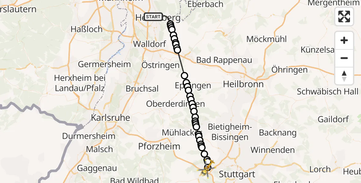 Flugroute Rettungshubschrauber Heidelberg - Leonberg Hospital Heliport, 16 Februar 2026, 13:00