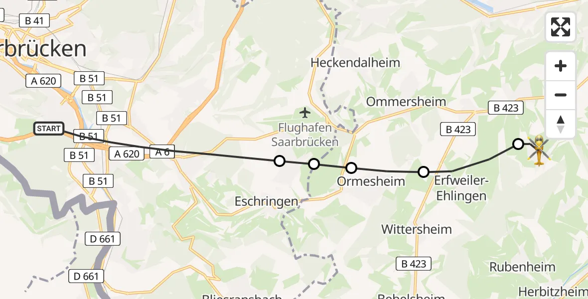 Flugroute Rettungshubschrauber Saarbrücken - Blieskastel, 16 Februar 2026, 13:00