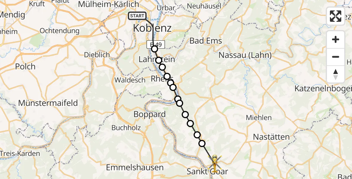 Routekaart van de vlucht: Rettungshubschrauber nach Lierschied, B 274