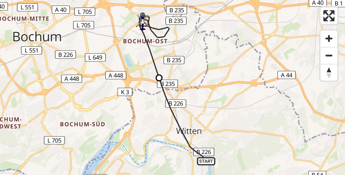 Flugroute Polizeihubschrauber Witten - Bochum, 16 Februar 2026, 13:04