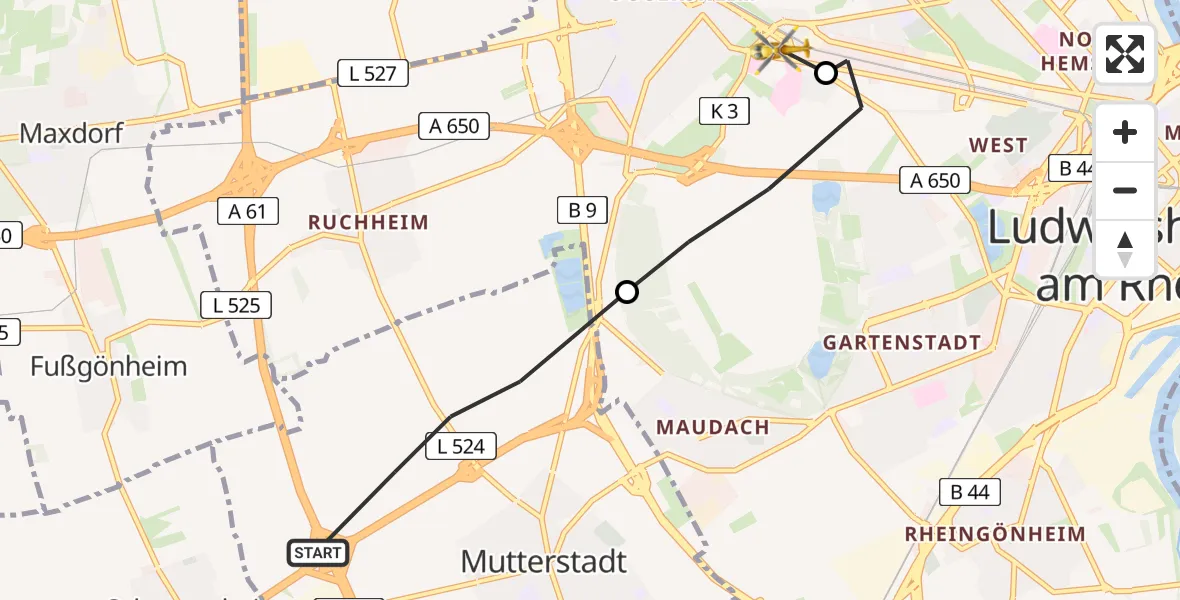 Flugroute Rettungshubschrauber Mutterstadt - Ludwigshafen Accident Hospital Heliport, 16 Februar 2026, 13:10
